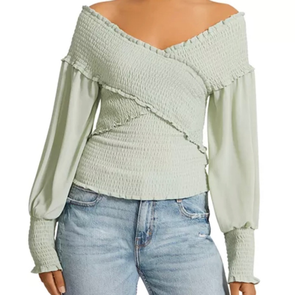 NWT BB Dakota Sam Edelman Light Green Smocked Off-Shoulder Blouse